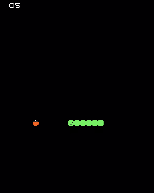 A green snake with a tail of 5 segments, about to eat a red apple, on a black background 